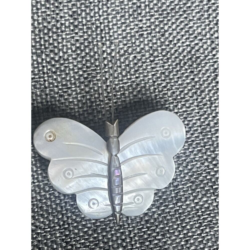 Vintage Mother Of Pearl Butterfly Brooch Pin Carved Handcrafted Whimsy Coquette